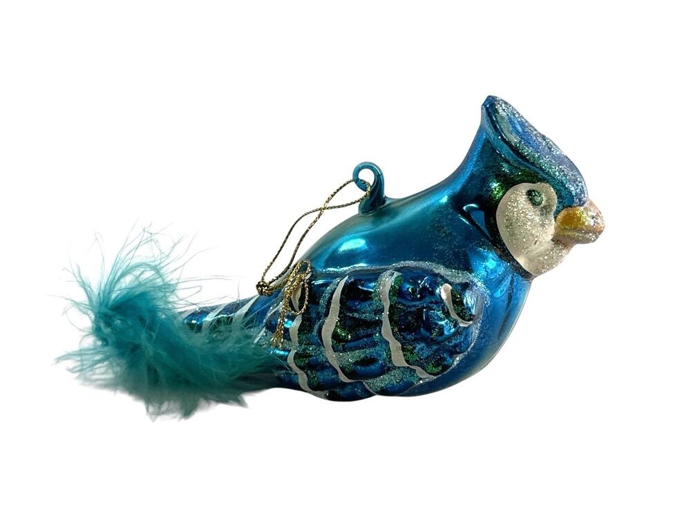 Old World Christmas Bright Blue Jay Glass Bird Ornament #16121 Feather Tail 5”
